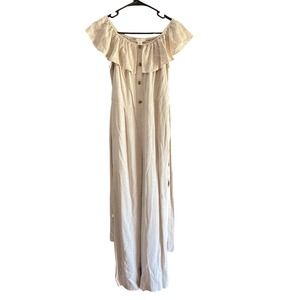 Monteau Los Angeles Women's Off The Shoulder Ruffle Jumpsuit Beige linen blend S